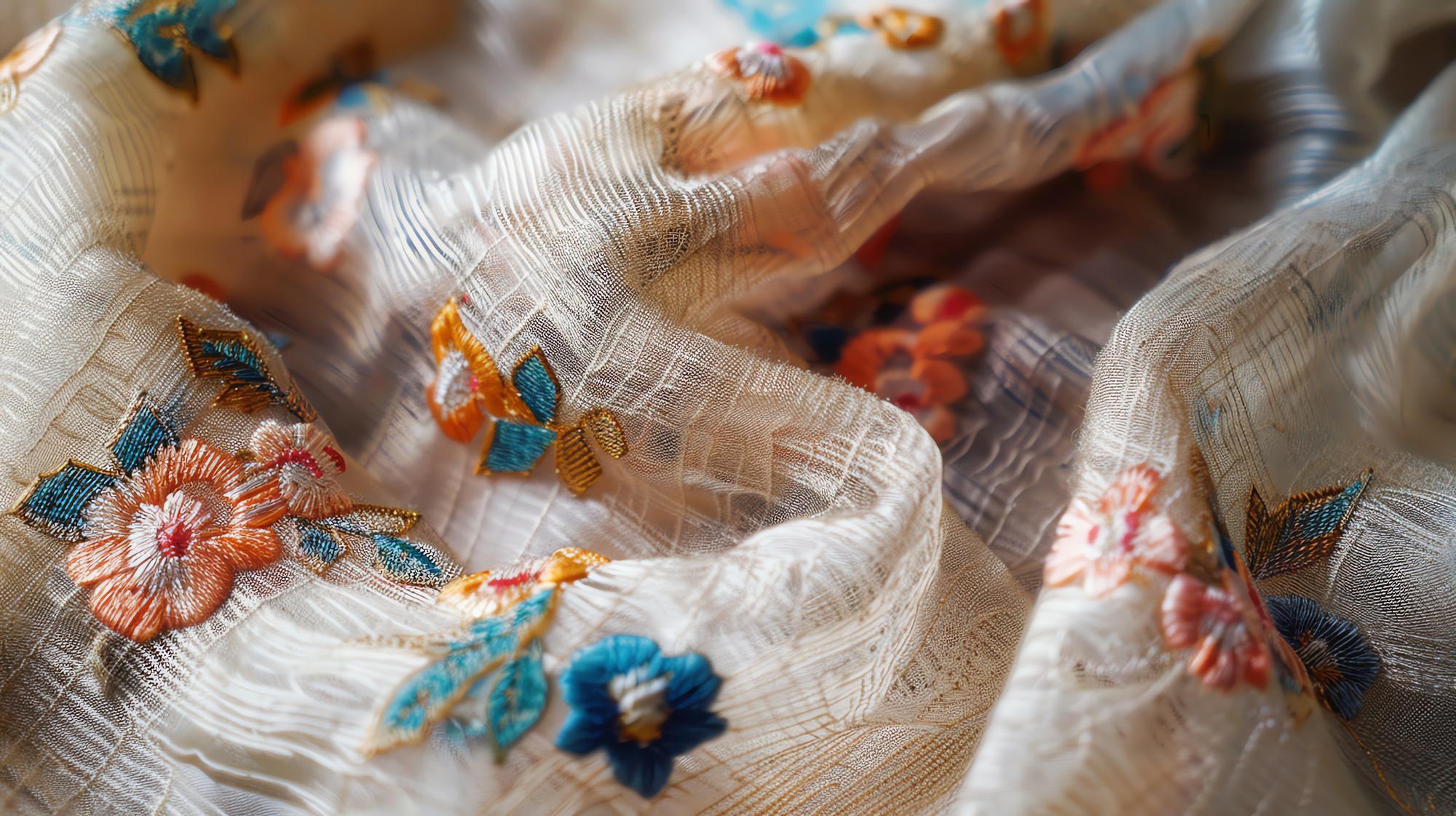 Close-up of pastel embroidered pattern on linen